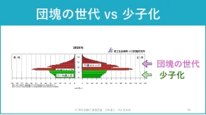 団塊の世代と少子化の比較（2025年人口ピラミッドの強調図